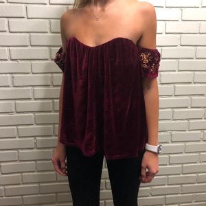 Red velvet off the shoulder shirt